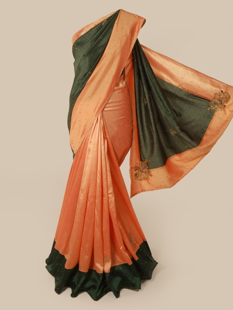 

Pothys Peach-Coloured & Green Art Silk Embellished Saree