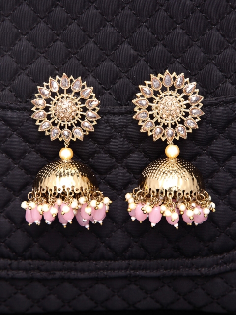 

Shining Diva Pink & Gold-Toned Dome Shaped Jhumkas
