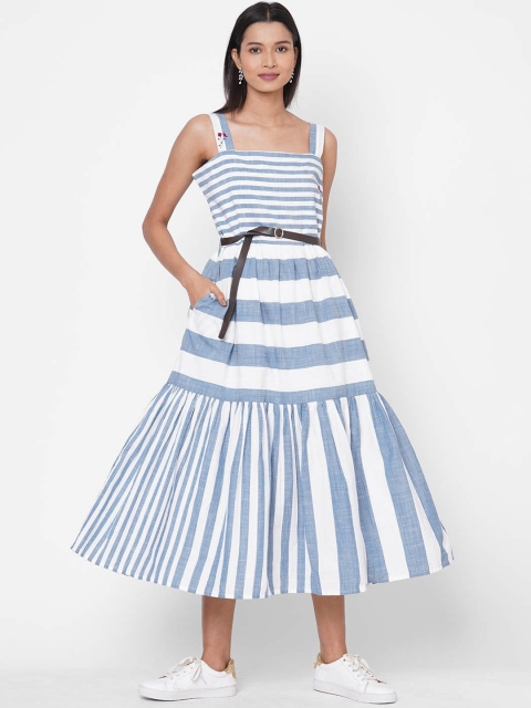 

ZOLA Women Blue Striped Fit and Flare Tiered Cotton Dress