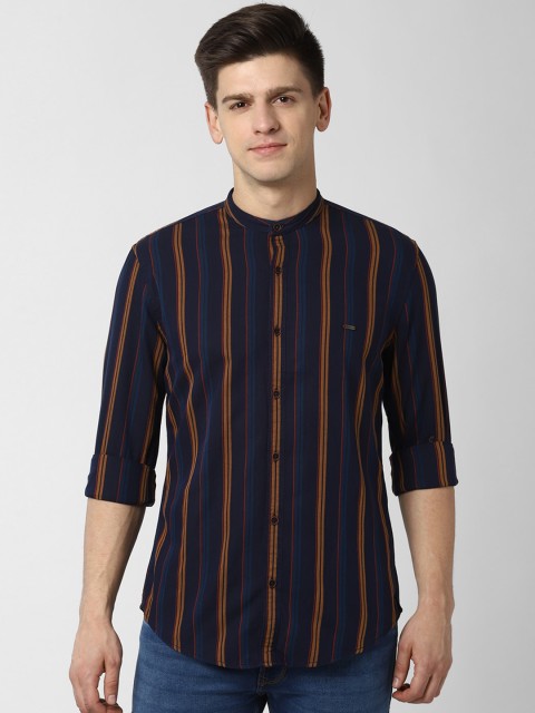 

Peter England Casuals Men Navy Blue & Brown Cotton Slim Fit Striped Casual Shirt