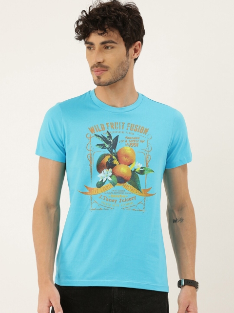 

QUANCIOUS Men Turquoise Blue Organic Cotton Graphic Round Neck T-shirt