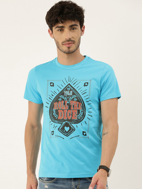 

QUANCIOUS Men Turquoise Blue & Black Organic Cotton Printed Round Neck Sustainable T-shirt