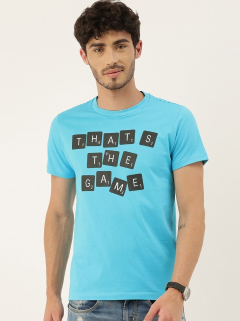 

QUANCIOUS Men Turquoise Blue & Black Organic Cotton Printed Round Neck Sustainable T-shirt