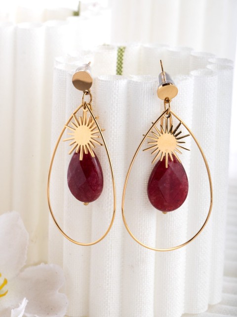 

CRZ Maroon Gold-Plated Beaded Teardrop Shaped Drop Earrings