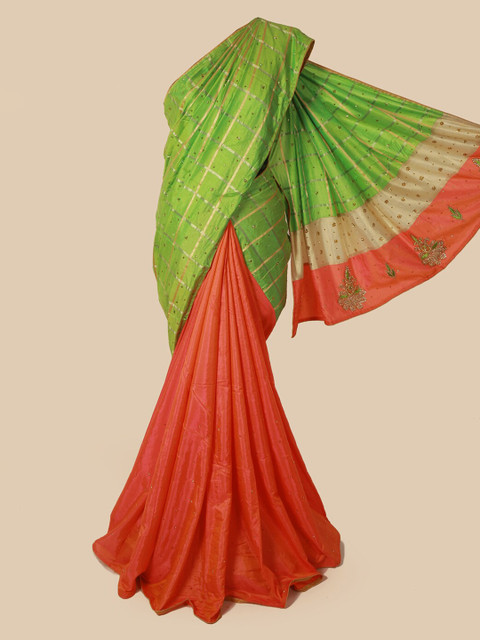 

Pothys Green & Orange Art Silk Checked Half & Half Saree