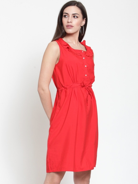 

Purple State Women Red Solid Fit and Flare Dress