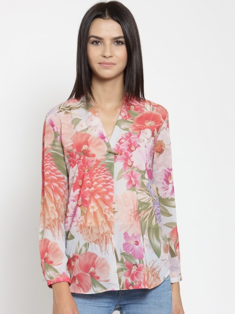 

Purple State White & Pink Floral Print Mandarin Collar Regular Top