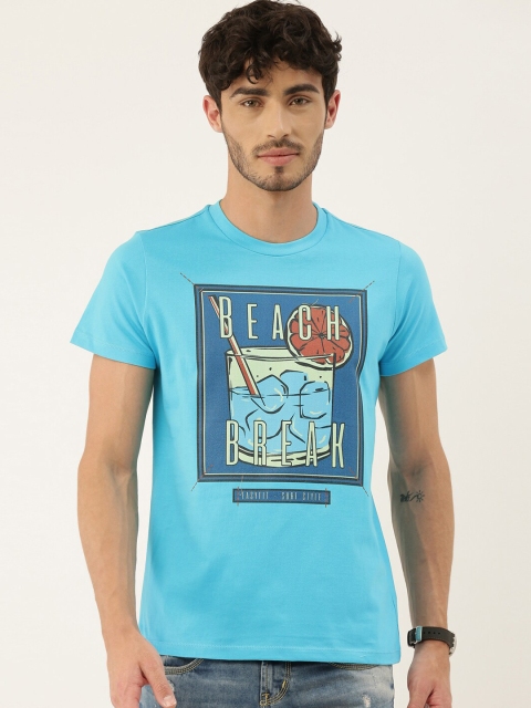 QUANCIOUS Men Turquoise Blue Printed Round Neck T-shirt