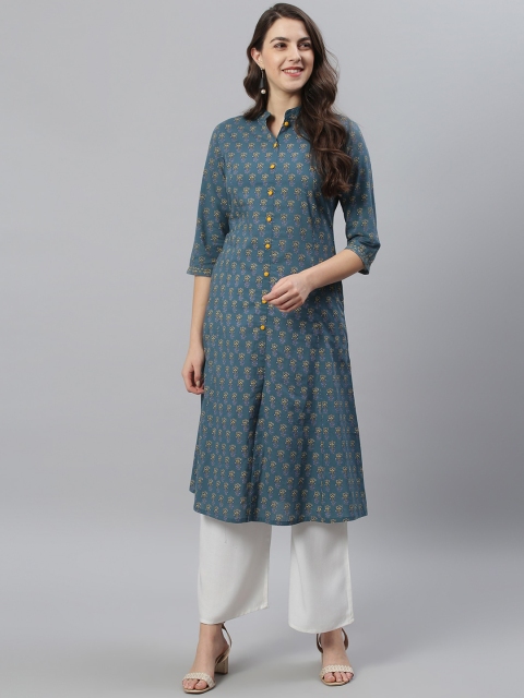 

Azira Women Teal Green & Yellow Printed Mandarin Collar Pure Cotton A-Line Kurta