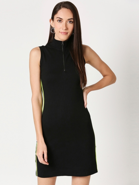 

Bewakoof Women Black Solid Mock Neck Side Striped Sheath Dress