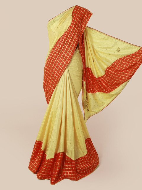 

Pothys Cream-Coloured & Red Art Silk Embellished Saree