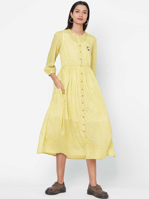 

ZOLA Women Green & White Printed Midi A-Line Dress