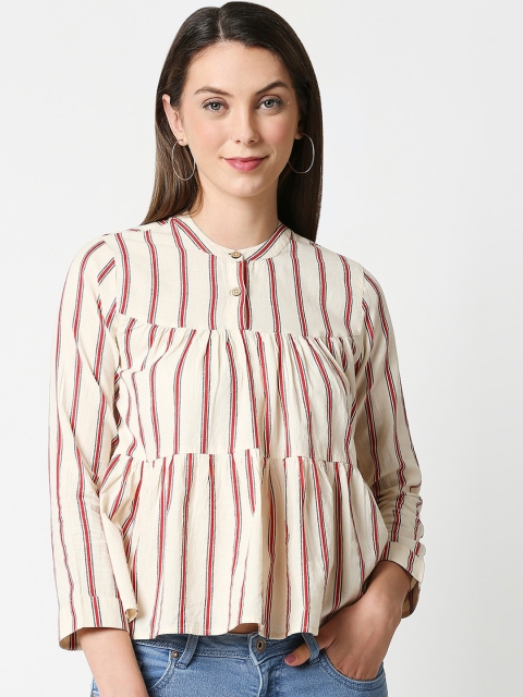 

Bewakoof Off White & Red Striped Mandarin Collar Pure Cotton A-Line Top