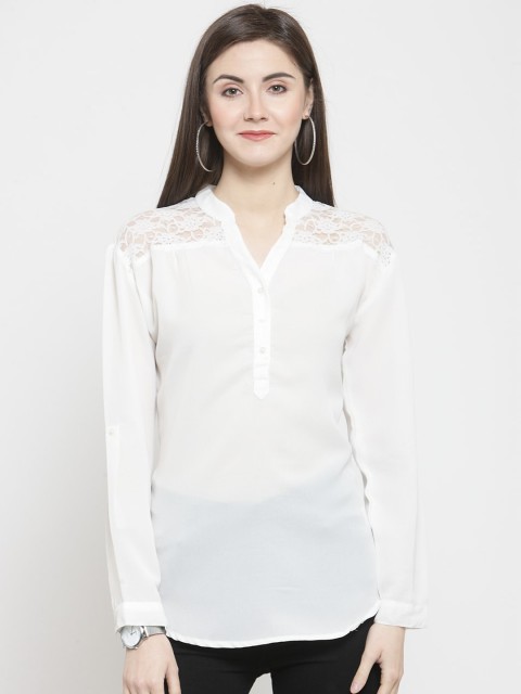 

Purple State White Mandarin Collar Lace Inserts Shirt Style Top
