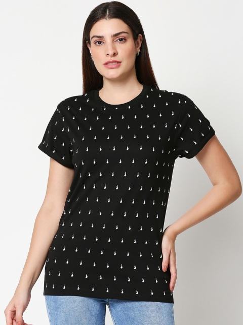 

Bewakoof Women Black & White Printed Pure Cotton Round Neck T-shirt