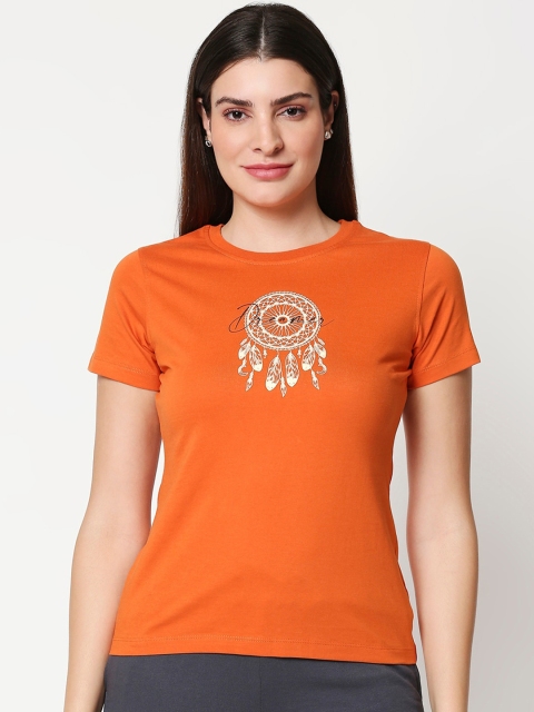 

Bewakoof Women Orange & Golden Pure Cotton Dream Catcher Print Round Neck Lounge T-shirt