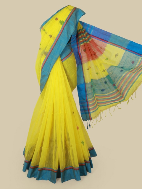 

Pothys Yellow & Blue Cotton Blend Solid Saree