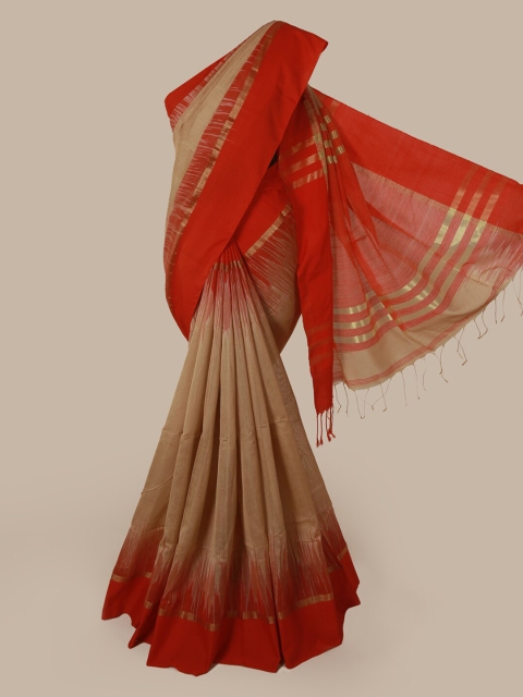 

Pothys Tan & Red Cotton Blend Solid Saree
