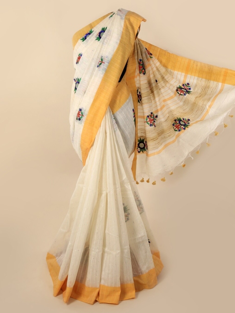 

Pothys White & Yellow Cotton Blend Embroidered Saree