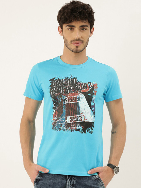 

QUANCIOUS Men Blue Printed Organic Cotton Round Neck T-shirt