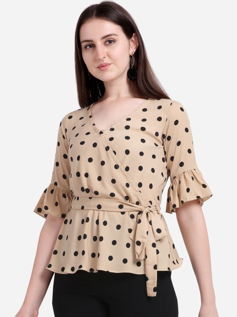 

Fbella Beige & Black Printed Bell Sleeves Cinched Waist Top