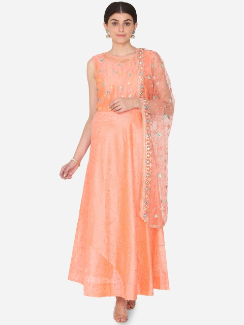 

BOMBAY SELECTIONS Women Peach-Coloured Embroidered Kurta with Palazzos & Dupatta