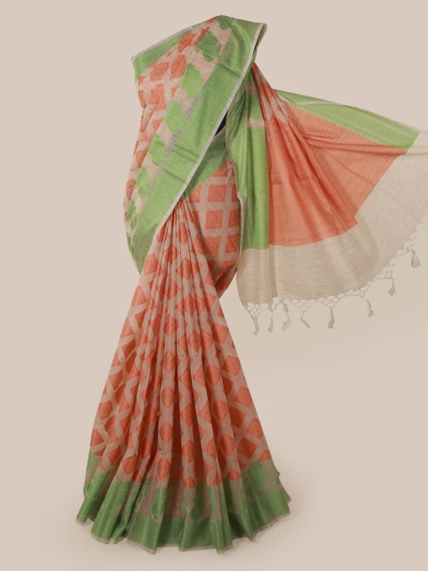 

Pothys Cream-Coloured & Coral Supernet Printed Saree