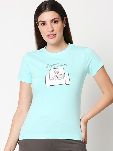 

Bewakoof Women Blue Cotton Graphic Round Neck Pure Cotton T-shirt
