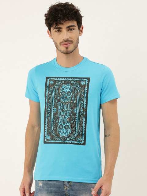 

QUANCIOUS Men Turquoise Blue Printed Round Neck Sustainable T-shirt