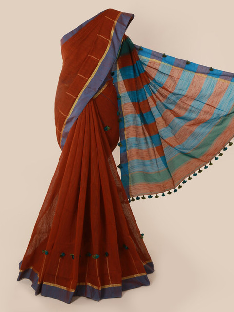 

Pothys Brown & Blue Cotton Blend Solid Saree