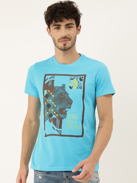 

QUANCIOUS Men Turquoise Blue Printed Round Neck Sustainable T-shirt