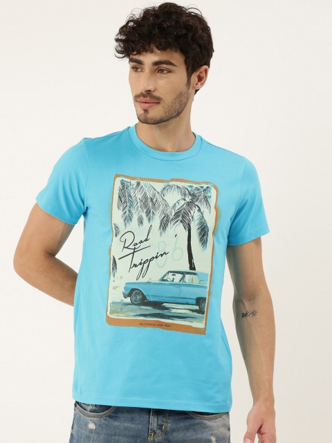 

QUANCIOUS Men Turquoise Blue Printed Round Neck Sustainable T-shirt