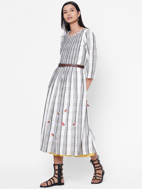 

ZOLA Women White & Grey Striped Layered A-Line Dress with Belt