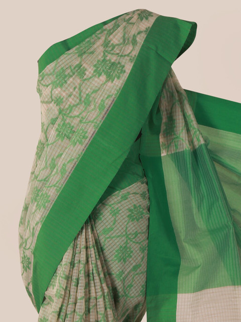 

Pothys Cream-Coloured & Green Supernet Printed Saree