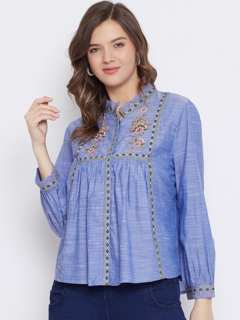 

Baani Creations Blue Floral Mandarin Collar Pure Cotton A-Line Top