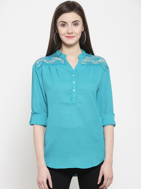 

Purple State Blue Mandarin Collar Roll-Up Sleeves Lace Inserts Shirt Style Top
