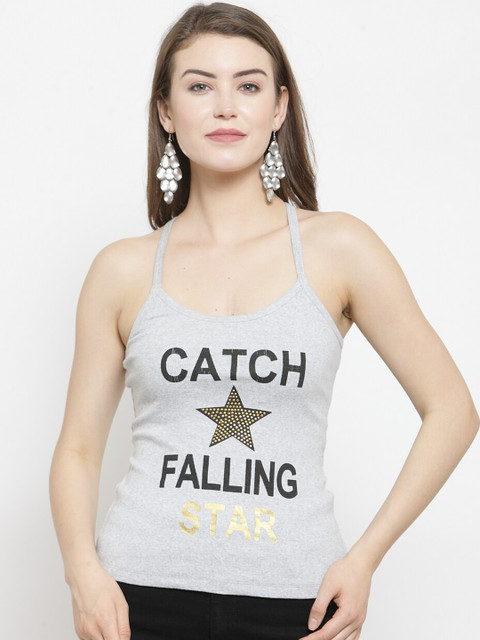 

Purple State Grey & Black Typography Print Studded Pure Cotton Tank Top