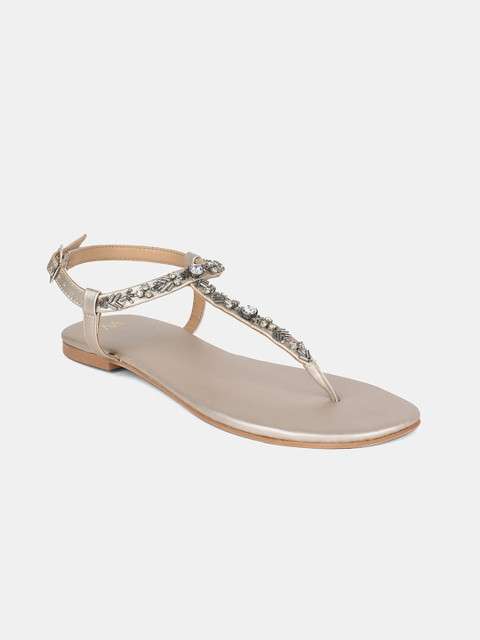 

W The Folksong Collection Women Gold-Toned Embellished PU T-Strap Flats