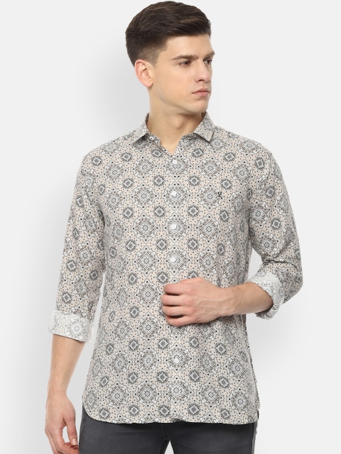 

V Dot Men Cream-Coloured Slim Fit Printed Casual Shirt