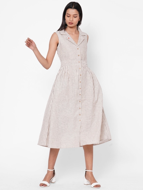 

ZOLA Women Cream-Coloured & Black Striped Cotton Fit and Flare Dress