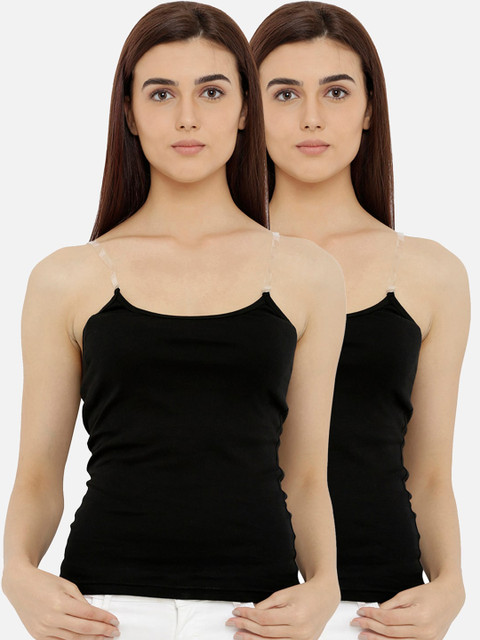 

Heart 2 Heart Women Pack Of 2 Black Solid Cotton Camisoles