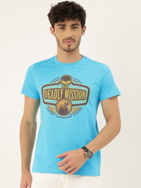 

QUANCIOUS Men Blue Printed Round Neck Sustainable T-shirt