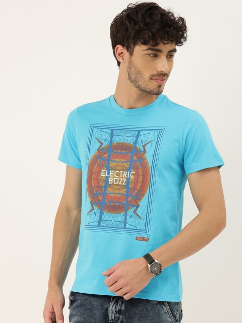 

QUANCIOUS Men Turquoise Blue Printed Round Neck T-shirt