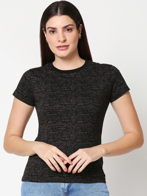 

Bewakoof Women Black & Taupe Printed Lounge T-shirt