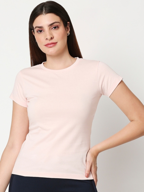 

Bewakoof Women Peach-Coloured Solid Pure Cotton Round Neck T-shirt