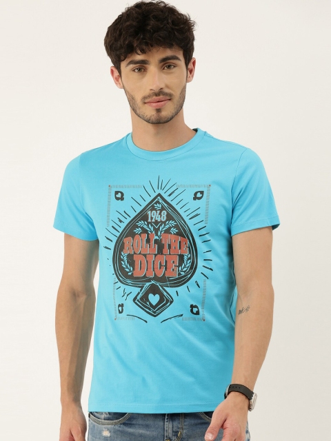 

QUANCIOUS Men Turquoise Blue Printed Round Neck Cotton T-shirt
