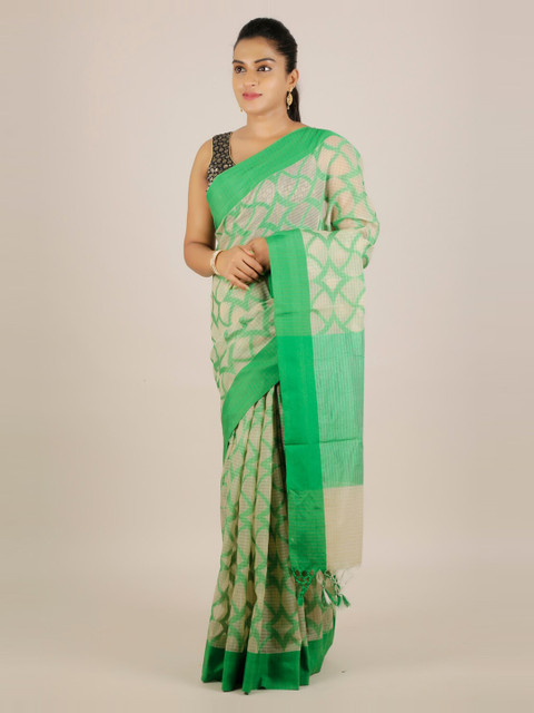 

Pothys Green Printed Cotton Blend Saree With Tasseled Pallu