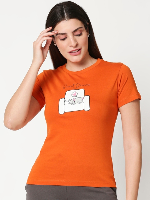 

Bewakoof Women Orange Pure Cotton Printed Round Neck Lounge T-shirt