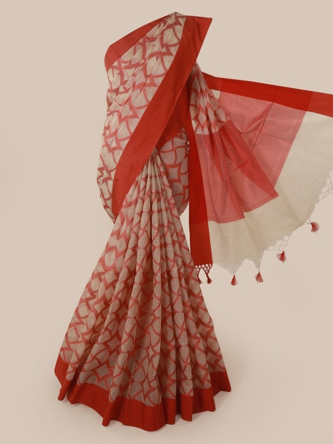 

Pothys Cream-Coloured & Red Supernet Printed Saree