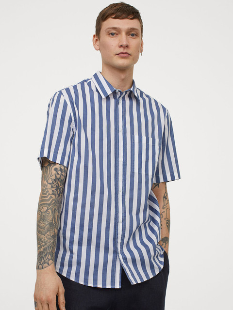 

H&M Men Blue & White Cotton Shirt Regular Fit